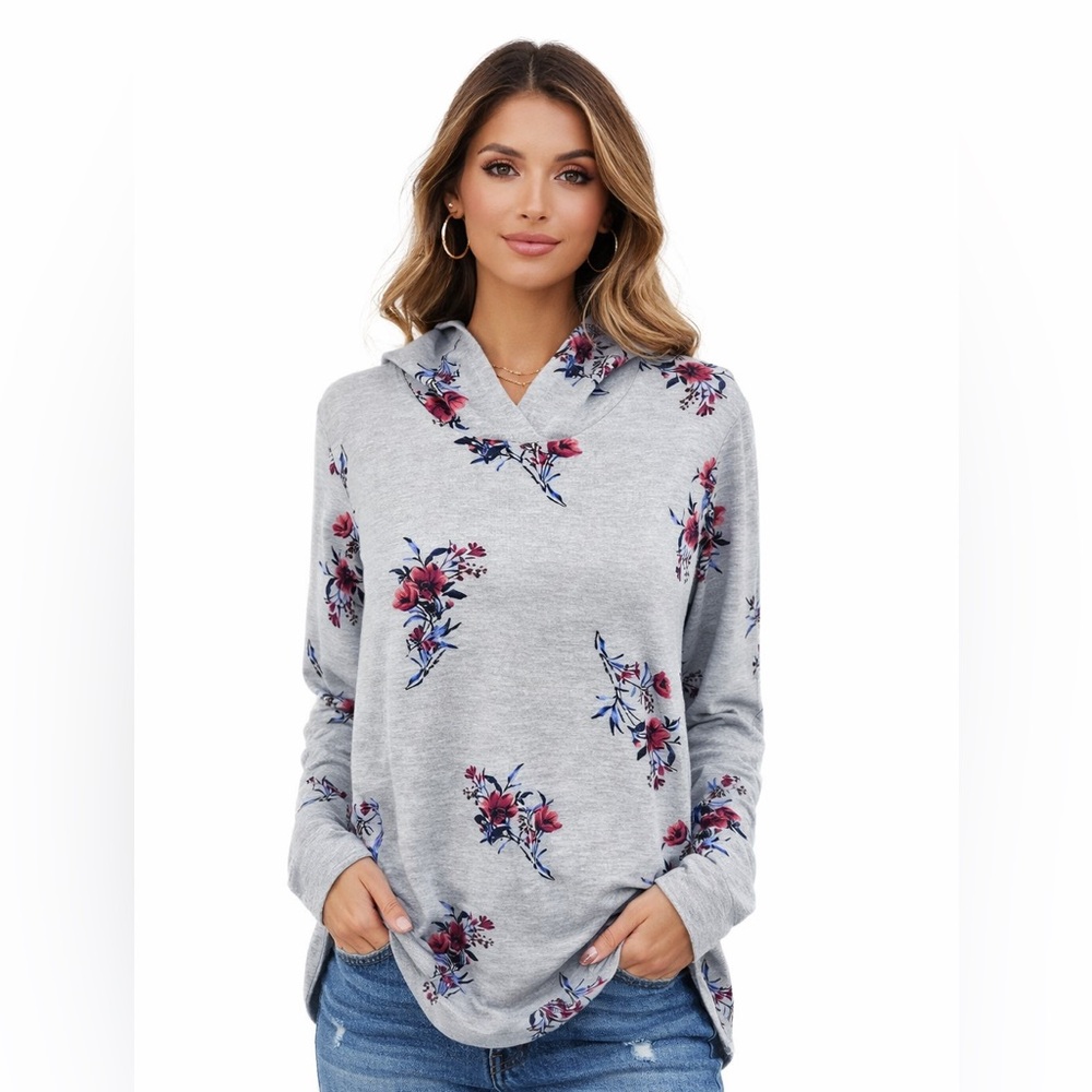 Nanette Lepore Gray Floral Hooded Sweatshirt Soft Pullover Hoodie Large Cozy